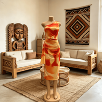 Robe moulante mi-longue asymétrique orange marbrée froncée, style africain tendance et sexy, pour femme, idéale pour les soirées et les clubs.