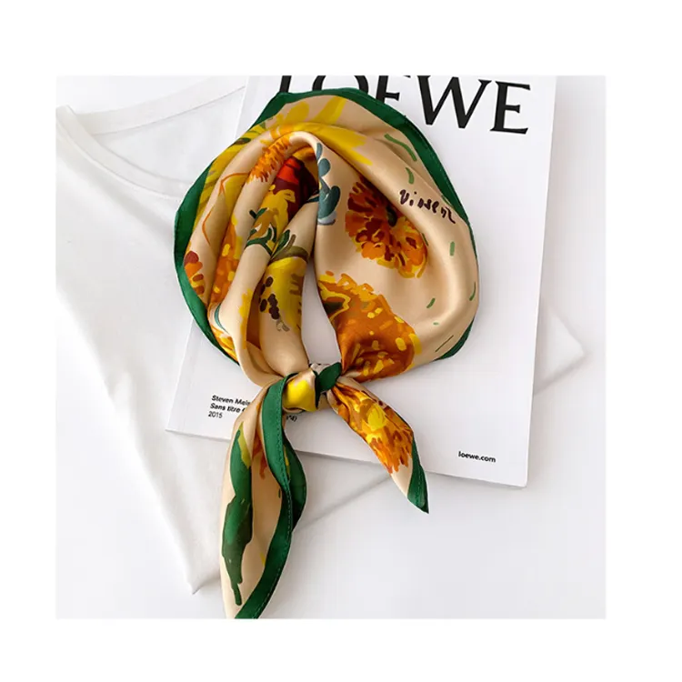 Bufanda de seda pura satinada de 53cm con estampado floral de diseñador Mini Pañuelo cuadrado