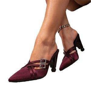 <b>Women</b> Summer Wine Red Ultra High Heel Thick Root Outdoor Party Fashion Pointed Toe Rhinestone <b>Buckle</b> Heeled <b>Sandals</b> - Product Image 2