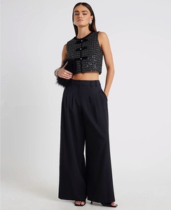 Gilet décontracté en laine courte pour femme - Haut en velours à nœud en tweed, lourdement orné de paillettes, col en V, imprimé en relief, mignon et exquis - Product Image 2