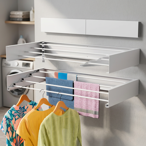 Wall Mounted Retractable Collapsible Foldable Single Tier Metal White/Black Modern Multifunctional Bathroom Laundry Drying <b>Rack</b> - Product Image 3