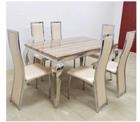 Table à manger rectangulaire moderne en marbre avec ensemble de chaises de salle à manger en acier inoxydable et cuir PU noir pour cuisine, hôtel, salle de banquet