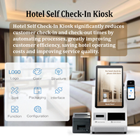 Kiosco de autoservicio para hoteles con dispensador de tarjetas de habitación, lector de códigos de barras y lector de pasaportes, con SDK para pagos en escritorio.