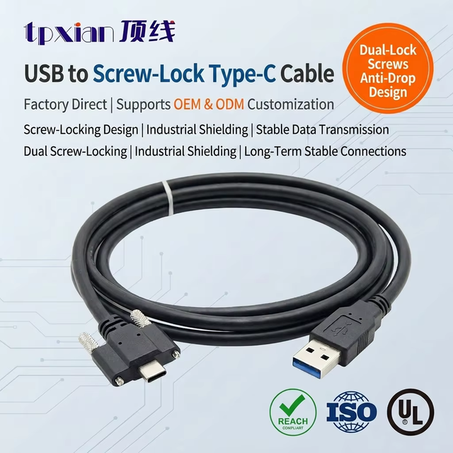 OEM Custom Industrial USB 3.0 Type-C Male to USB-A Male Cable, UL2725 Certified with Panel Mount Screws