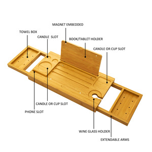 Table plateau de bain en bambou, table caddie de <span class=keywords><strong>baignoire</strong></span> avec support de téléphone livre vin, plateau de <span class=keywords><strong>baignoire</strong></span> extensible avec 2 plateaux coulissants - Product Image 1