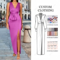 Personnalisé 0 quantité minimale de commande échantillon gratuit expédition femmes sans manches col en V violet Satin robe portefeuille nœud détail fente haute pour les occasions en soirée