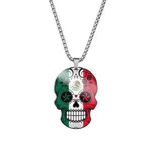 Day of the Dead Skull Necklace Colorful Flag Stainless Steel Pendant Necklace Halloween Jewelry for Men & Women