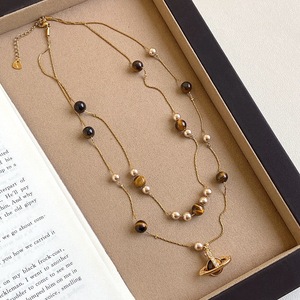 Collana con ciondolo a doppio strato in perla occhio di tigre naturale a forma di pianeta <span class=keywords><strong>Saturno</strong></span>, design femminile, stile retrò autunnale e invernale per maglioni. - Product Image 3