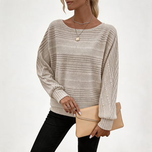 Suéter de punto holgado para mujer con cuello barco, a rayas, textura mixta, manga farol trenzada, puños <span class=keywords><strong>y</strong></span> bajo acanalados, color avena - Product Image 1