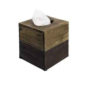 High quality Dilapidated wood two tone square sliding out bottom design clear tissue box