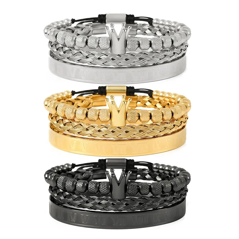 Luxury 4Pcs/Set Men's Gold Crown Bracelet Roman Numerals Engraved Bangle CZ Crown Braided Macrame Bracelet