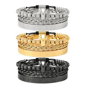 Di lusso 4 Pz/set degli uomini Oro Corona Braccialetto Numeri Romani Inciso Braccialetto CZ Corona Intrecciato Macrame Del Braccialetto - Product Image 1