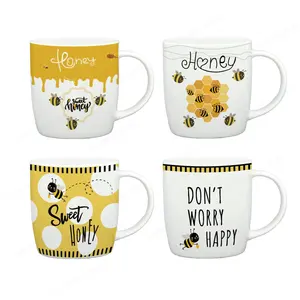 Li Ling Manufacture Decal Printing Pottery Coffee Cups Mugs Bee Design Part Yellow Printing Ceramic Coffee Mugs