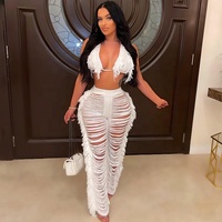 Ensemble de deux pièces pour femmes avec franges, pull orange, pantalon à glands, haut de bikini découpé, maillot de bain en crochet, robe de plage