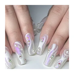 Good Quality New Design Long Coffin White Transparent Nails Tips Paint Milk Color Stripes Handmade Colorful Jewel Press On Nails