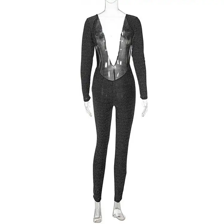 sexy ins style patchwork lace romper jumpsuit black long sleeve bodyon jumpsuit