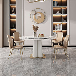 <b>Round</b> Dining <b>Table</b> with Revolving Center <b>White</b> Stone Top <b>White</b> Petal Base Gold Trim 4-6 Seater Hotel Villa Restaurant Furniture - Product Image 1