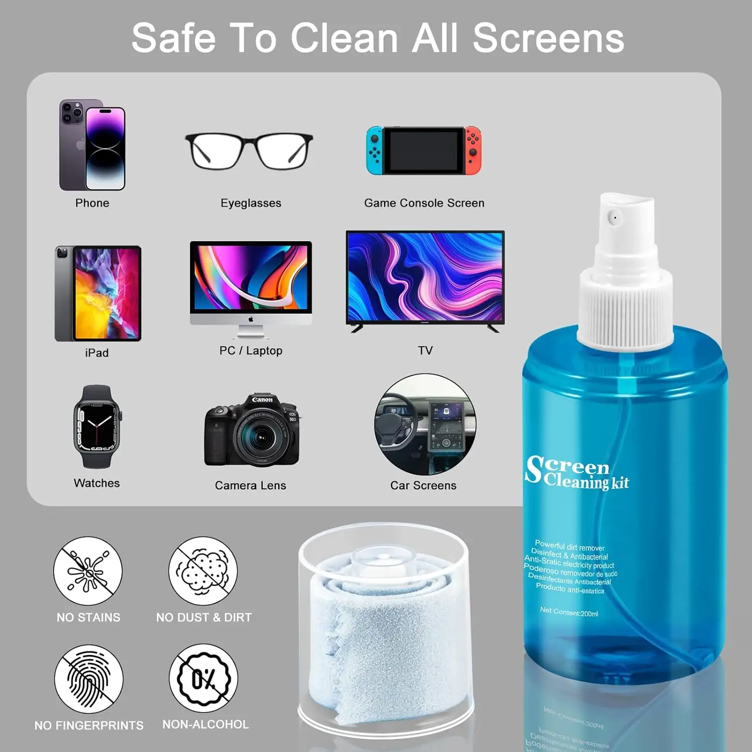 Venda quente kit de limpeza de teclado spray para tela LCD de 200ml limpador de lentes para computador