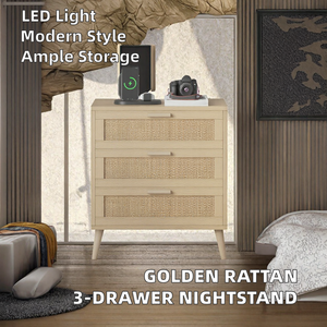Golden Wood Modern <b>Bedside</b> <b>Table</b> with 3 Drawers <b>LED</b> Lighting-Large Storage Night Stand for Bedroom Apartment Living Room & Hotel - Product Image 2