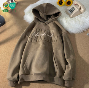 Custom Heavyweight Suede Fabric 3D Embossed Logo Vintage <b>Brown</b> Oversized Pullover Streetwear Unisex Autumn Waterproof Hoodies - Product Image 1