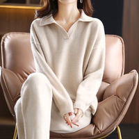 Ensemble de loungewear confortable pour femme en cachemire tricoté 100% : Haut à col revers et épaules tombantes, pantalon large en maille, coupe décontractée