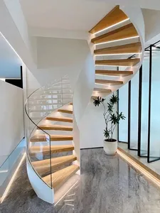 Escalier incurvé personnalisé escalier moderne intérieur escalier en colimaçon de luxe en marbre bois massif marche en verre trempé main courante en bois - Product Image 3