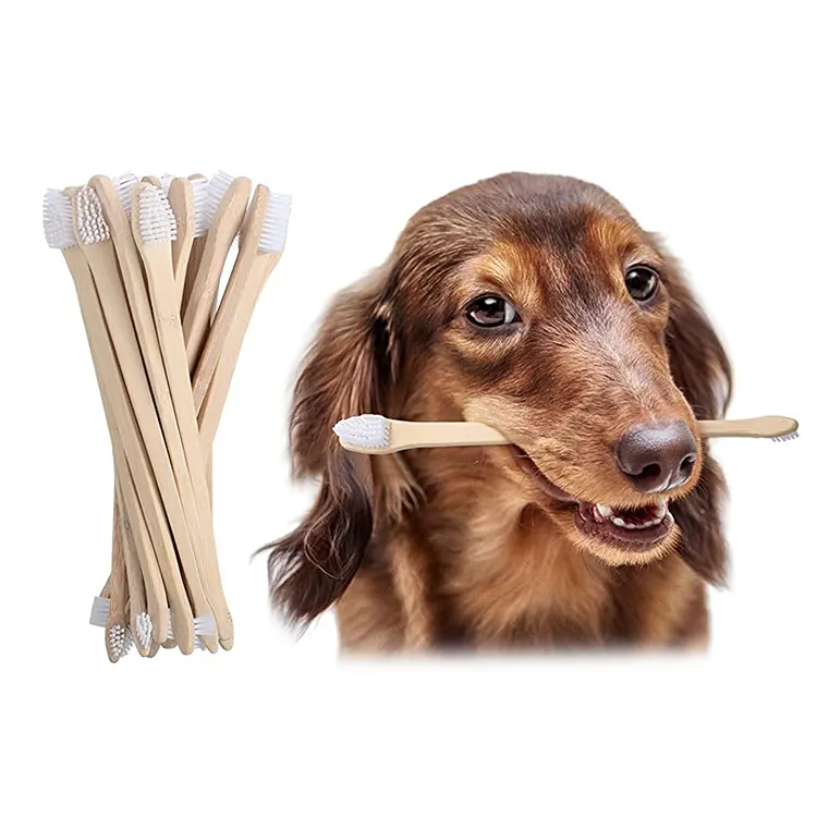 Vente en gros emballage recyclable écologique brosse à dents en bambou biodégradable à double tête à poils souples naturels pour chien de compagnie