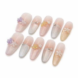 Uñas postizas 3D con diseño de flor y perla, acrílicas, de cobertura completa, con brillo degradado, forma almendrada cuadrada para dedos - Product Image 3