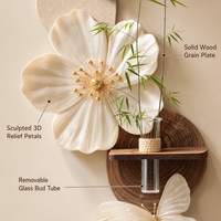 Décoration murale florale 3D moderne en relief, sculpture murale artisanale en forme de papillon avec vase en verre hydroponique pour la décoration intérieure