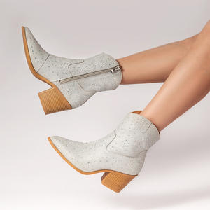 Botas Chelsea de tacón grueso brillante con diamantes de imitación para mujer, botas cortas al tobillo con cremallera lateral Vintage para mujer, <span class=keywords><strong>calzado</strong></span> de mujer - Product Image 4