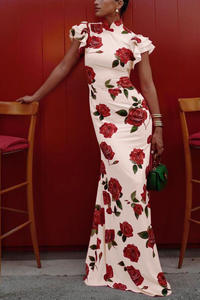 King Mcgreen Star nouvelles femmes élégantes à volants à manches courtes fleurs <span class=keywords><strong>Robe</strong></span> de soirée mince hanche paquet femme <span class=keywords><strong>Cheongsam</strong></span> Maxi robes <span class=keywords><strong>Robe</strong></span> - Product Image 6