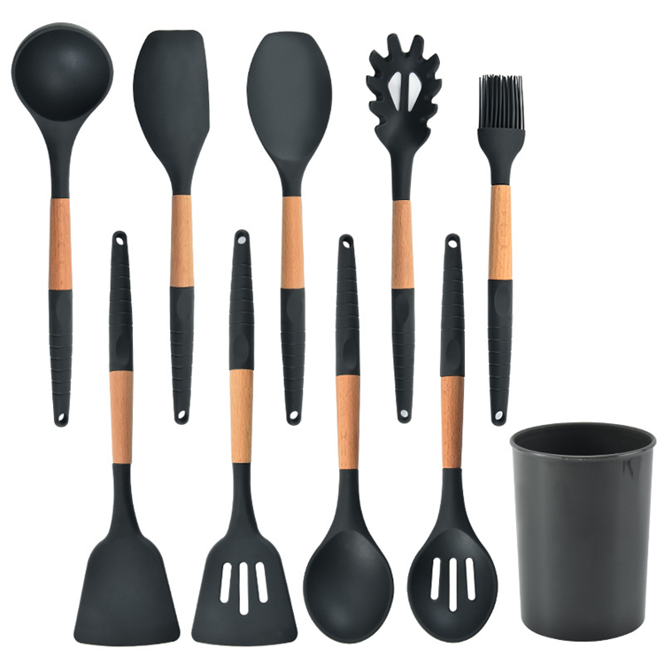 Hot selling non stick heat resistance silicone cooking tools silicone kitchen utensils set with acacia wood handle