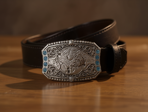 Fibbia per Cintura in Lega Vintage Placcata Argento 5.0cm con Pietre Blu Stile Western - Product Image 2