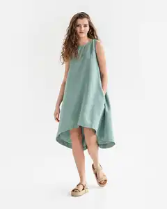 OEM 맞춤형 현대 여름 녹색 무릎 길이 플러스 사이즈 린넨 드레스 휴일 간단한 달콤한 캐주얼 느슨한 민소매 드레스