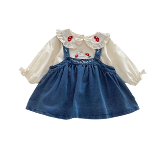Conjunto de Vestido de Algodón Vaquero para Bebé Niña, Diseño de Dibujos Animados, Dulce, Otoñal, Blanco, Manga Larga, Cuello Redondo, Bordado de Encaje, Transpirable, Estilo Vaquero - Product Image 2