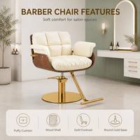 Fauteuil de Salon de Coiffure de Luxe Beige avec Pompe Hydraulique, Base Dorée Durable, Repose-Pieds et Panneaux Latéraux en Bois, Rotation à 360 Degrés