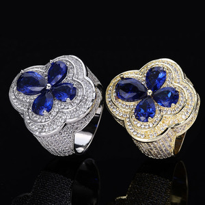 Men's Trendy Hiphop Customize <b>Ring</b> Copper Gold Plated Four Leaf Princess Cut Zircon Green Red Gemstone Flower <b>Iced</b> - Product Image 3