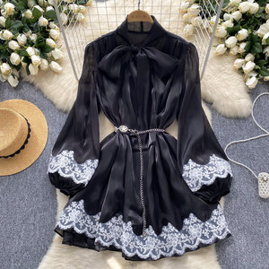Vestido de Gasa Brillante <span class=keywords><strong>con</strong></span> Mangas Farol <span class=keywords><strong>y</strong></span> <span class=keywords><strong>Encaje</strong></span> para Mujer, Primavera <span class=keywords><strong>y</strong></span> Otoño - Product Image 2