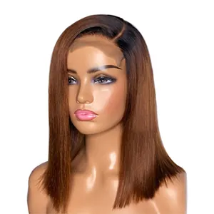 100% Full Cuticle Hair Brazilian Hair Ombre Brown Color Highlight Straight Bob Lace Frontal Closure Wigs Vendors