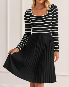 Vestido Midi de Punto a Rayas de Manga Larga para Mujer, Cuello Cuadrado, Línea A, Plisado, Informal, para Diario, Fiesta, Primavera y Otoño - Product Image 2