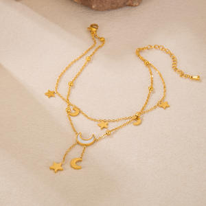 Nueva <span class=keywords><strong>Tobillera</strong></span> de Acero Inoxidable Impermeable con Doble Capa Chapada en Oro de 18K, Diseño de Estrella y Luna, Regalos de Moda para Mujeres, Fiestas de Verano - Product Image 4