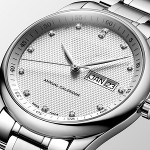 Round Annual <b>Calendar</b> Automatic Mechanical Watch with Crystal Index Dial and Stainless Steel Bracelet Longinesing - Product Image 3