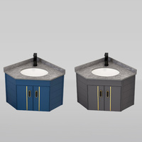 Meubles de salle de bain d'angle triangulaires en aluminium, unités de lavabo murales avec comptoir en pierre, lavabo bleu marine moderne pour petite salle de bain