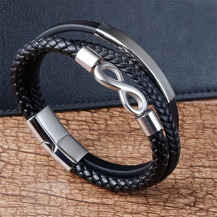 Bracelet homme symbole infini en acier inoxydable de haute qualité nom Bracelet en cuir tissé en cuir à trois couches personnalisé