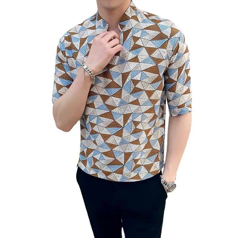 Heren Persoonlijkheid Driehoekige Piramide Print Driekwart Mouwen Tops Overhemd Strand Shirts Mannen Holiday Party Vakantie Doek