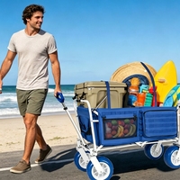Chariot tout-terrain en métal à quatre roues robuste avec auvent amovible, poignée réglable, pliable et surdimensionné, pour la plage et le camping
