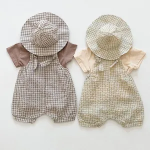 Setelan baju monyet bayi 0-3 tahun, set pakaian bayi T-shirt + baju monyet kotak-kotak isi 3 buah, set pakaian anak laki-laki dan perempuan umur 0-3 tahun