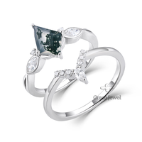 Grace Jewel Personnalisable Fine Gemstone Rings Kite Cut Natural Green Moss Agate New Design Couples Engagement Anniversary Set