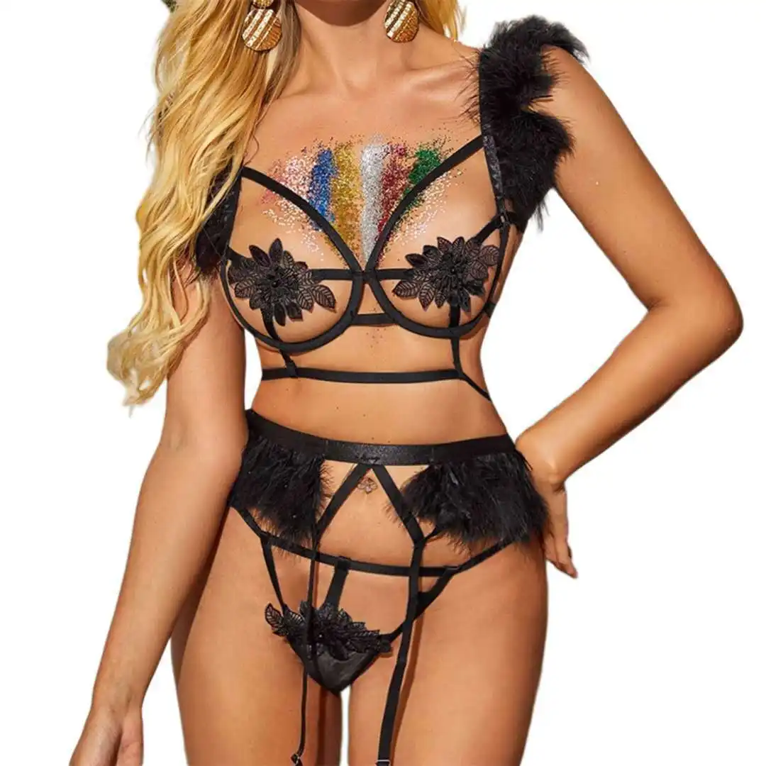 Lingerie vazada sexy feminina, design quente, para mulheres, com pena, sob fio, bandagem, sutiã, conjunto de calcinha, roupa íntima, imperdível