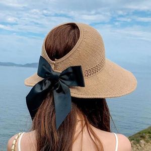 Sombrero de paja de verano para mujer con lazo hueco, ala grande, parte superior abierta, visera de playa para protección solar - Product Image 4
